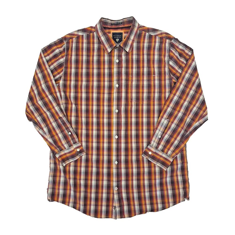 👠 5 for $25 HUDSON NORTH  2-PLY COTTON SHIRT SIZE XL ORANGE PLAID